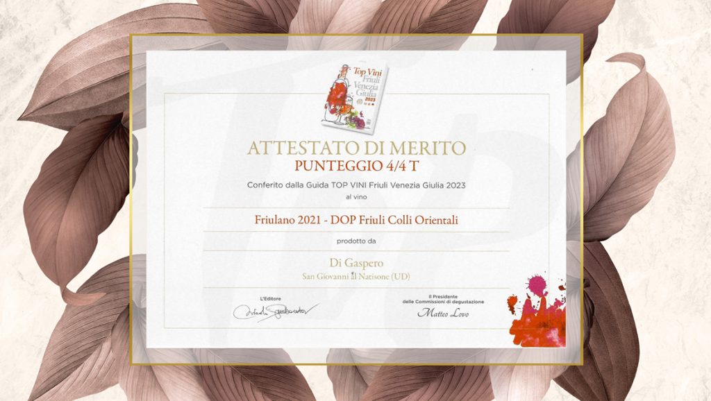 Il Friulano Di Gaspero entra nella Guida TOP Vini 2023